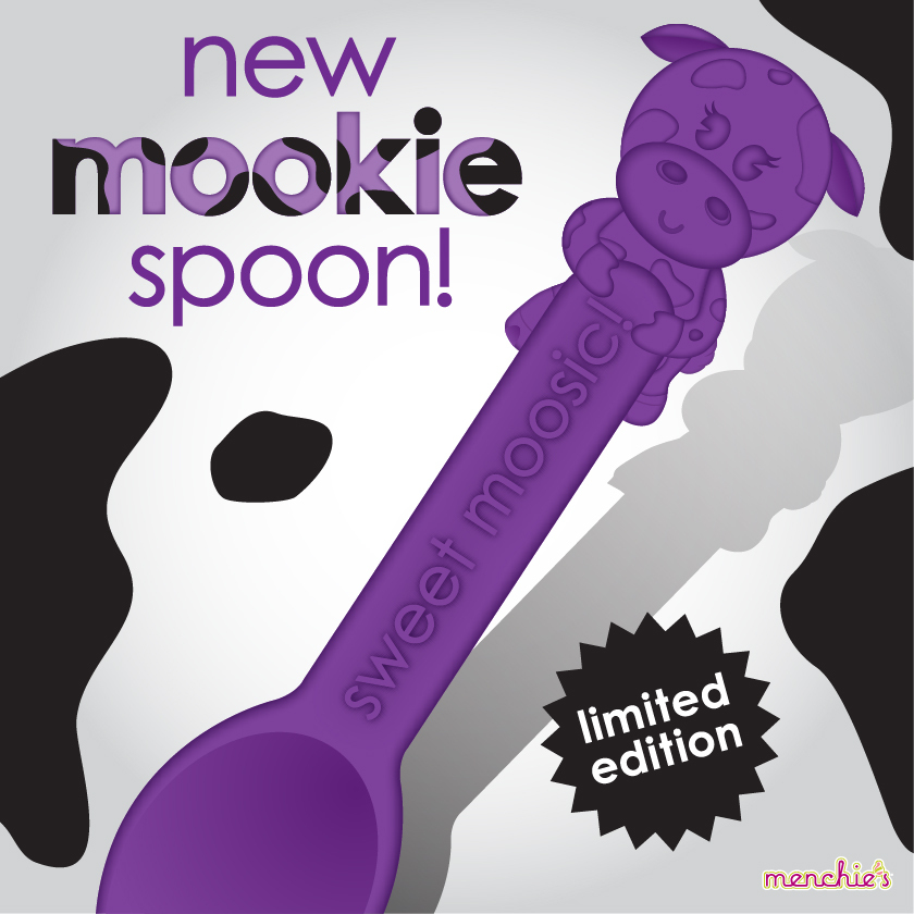 An image depicting a purple spoon with a cartoon cow decorating the handle on a black and white cow-spotted background and text reading "New Mookie Spoon"  and "limited edition"