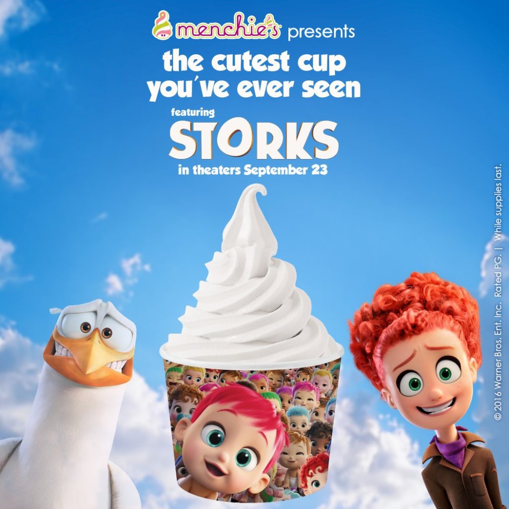 Characters from the animated movie Storks flank a cup adorned with other Storks characters.