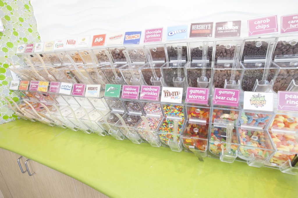 An array of froyo toppings are shown in clear plastic display bins.