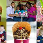 A collage of frozen yogurt bowls and families eating in Menchie's stores