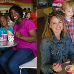 Two families eating Menchie's frozen yogurt